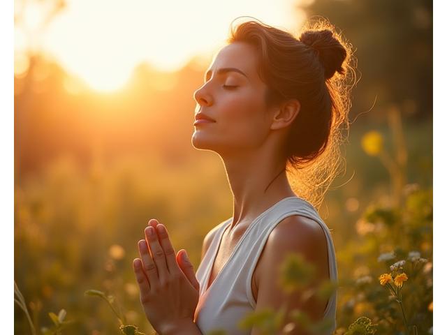 Mujer sonriendo pacíficamente haciendo meditación en un entorno tranquilo con luz natural y plantas, simbolizando calma y bienestar mental.