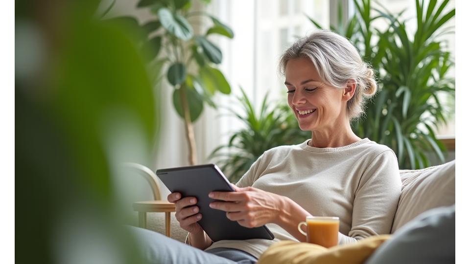 Mujer adulta leyendo un blog en una tablet, rodeada de plantas y luz natural.