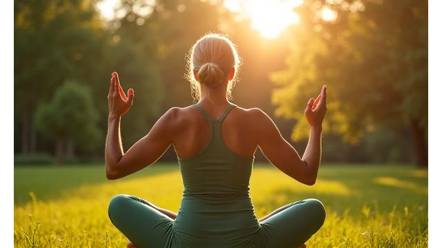 Espalda de una mujer mayor activa haciendo yoga al aire libre.