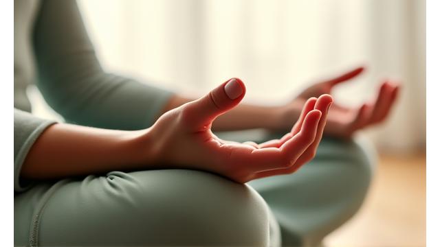Cierre de ojos de una mujer serena practicando meditación con luz suave.