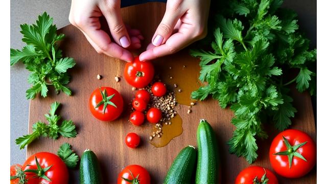 Manos cortando vegetales frescos para una ensalada saludable.