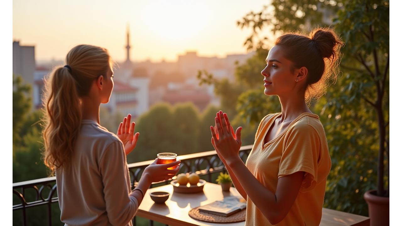 Adultos felices practicando hábitos saludables como yoga en un balcón soleado de Barcelona y desayunando conscientemente.