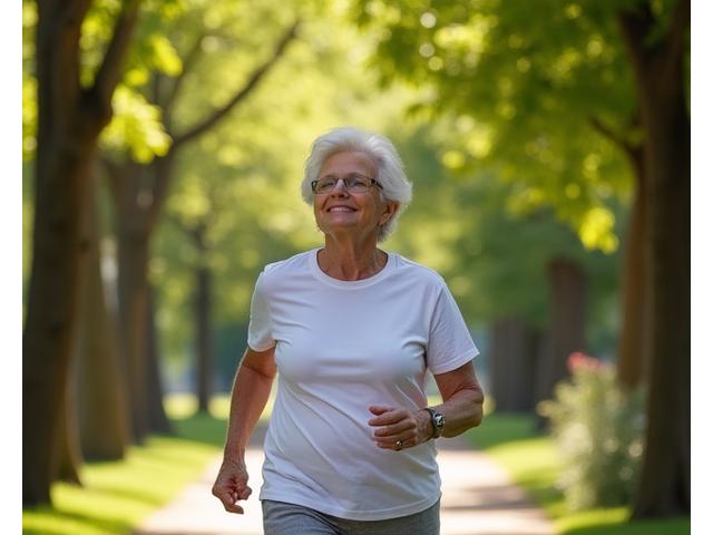 Mujer mayor caminando vigorosamente en un parque arbolado, realizando ejercicio cardiovascular de bajo impacto.