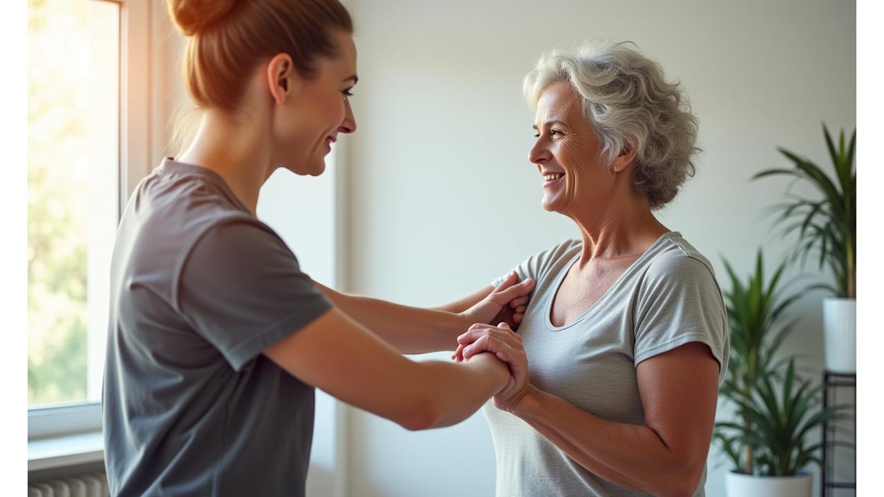 Entrenadora personal con experiencia en fitness para adultos demostrando un ejercicio de estiramiento suave a una cliente femenina de mediana edad en un entorno de gimnasio luminoso, mostrando atención personalizada.