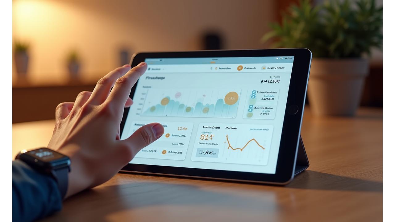 Tableta mostrando un panel de control de actividad física con gráficos de progreso, con una mano sosteniendo un smartwatch conectado, transmitiendo datos de salud en tiempo real.