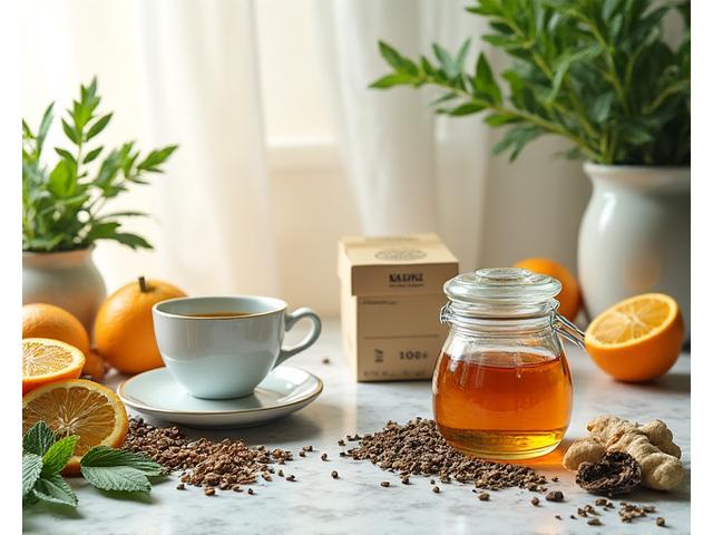 Variedad de tés orgánicos en envases elegantes con hojas de té