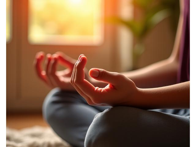 Manos en postura de mudra con luz suave, simbolizando meditación y paz interior.