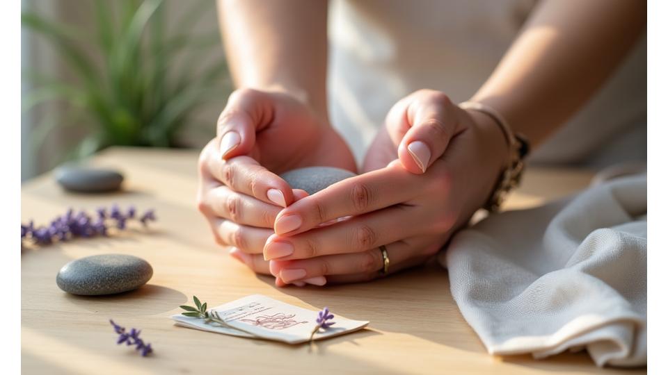 Manos entrelazadas en posición de meditación, transmitiendo calma y herramientas a su alrededor.